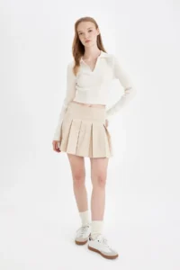 DeFacto Pleated Normal Waist Basic Plain Gabardine Mini Skirt - Image 2