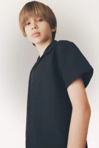 DeFacto Oversize Wide Fit Polo Neck Linen Look Short Sleeve Shirt Boy - Image 4