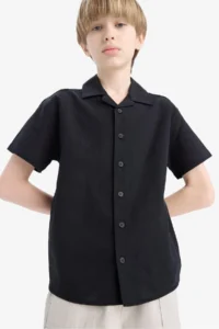 DeFacto Oversize Wide Fit Polo Neck Linen Look Short Sleeve Shirt Boy - Image 5