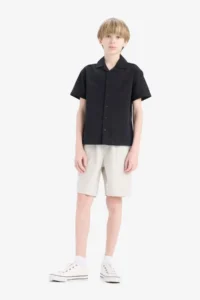 DeFacto Oversize Wide Fit Polo Neck Linen Look Short Sleeve Shirt Boy - Image 6