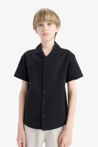 DeFacto Oversize Wide Fit Polo Neck Linen Look Short Sleeve Shirt Boy - Image 7