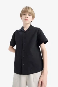 DeFacto Oversize Wide Fit Polo Neck Linen Look Short Sleeve Shirt Boy - Image 8