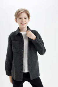 DeFacto Boy's Oversize Wide Fit Polo Neck Long Sleeve Anthracite Shirt