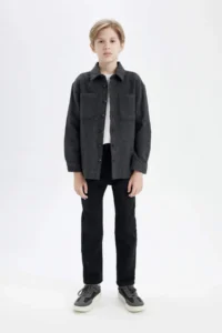DeFacto Boy's Oversize Wide Fit Polo Neck Long Sleeve Anthracite Shirt - Image 2