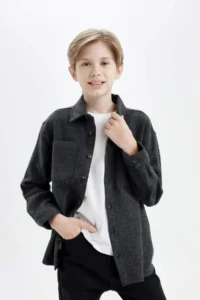 DeFacto Boy's Oversize Wide Fit Polo Neck Long Sleeve Anthracite Shirt - Image 3