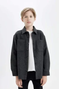 DeFacto Boy's Oversize Wide Fit Polo Neck Long Sleeve Anthracite Shirt - Image 4