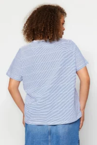 Trendyol Curve Navy Blue Striped Crew Neck Striped Knitting T-Shirt - Image 5