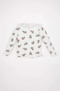 DeFacto Baby Girl Large Collar Floral Ribbed Camisole Long Sleeve T-Shirt - Image 4