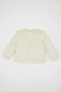 DeFacto Crew Neck Twill Long Sleeve Ecru Baby Girl Shirt D6234A5/ER233