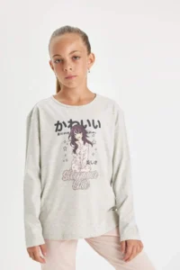 DeFacto Girl's Pajama Set Printed Long Sleeve Top with Elastic Waist Long Bottom - Image 4