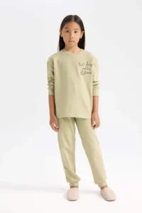 DeFacto Girl's Pajama Set Printed Long Sleeve Top with Elastic Waist Long Bottom