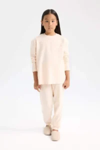 DeFacto Girl's Pajama Set Printed Long Sleeve Top with Elastic Waist Long Bottom