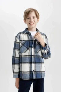 DeFacto Boy's Oversize Wide Fit Polo Neck Flannel Long Sleeve Shirt