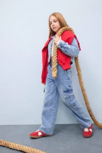 DeFacto Wide Leg Cargo Wide Leg Cotton Jean Trousers for Girls - Image 2