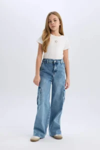 DeFacto Wide Leg Cargo Wide Leg Cotton Jean Trousers for Girls - Image 3