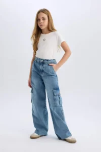 DeFacto Wide Leg Cargo Wide Leg Cotton Jean Trousers for Girls - Image 4