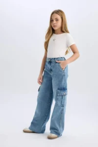 DeFacto Wide Leg Cargo Wide Leg Cotton Jean Trousers for Girls - Image 5