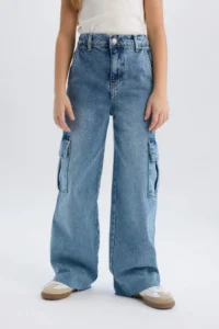 DeFacto Wide Leg Cargo Wide Leg Cotton Jean Trousers for Girls - Image 6