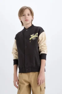 DeFacto Boy's College Collar Back Printed Snap Fasten Bomber Jacket - Image 3