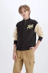 DeFacto Boy's College Collar Back Printed Snap Fasten Bomber Jacket - Image 4