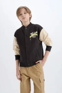 DeFacto Boy's College Collar Back Printed Snap Fasten Bomber Jacket - Image 5