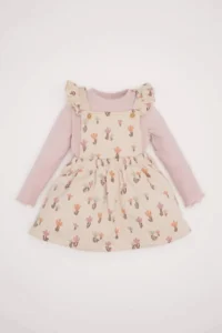 DeFacto D7252 Baby Girl 2-Piece Set Floral Corduroy Camisole Long Sleeve Basic T-Shirt Dress
