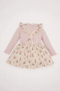 DeFacto D7252 Baby Girl 2-Piece Set Floral Corduroy Camisole Long Sleeve Basic T-Shirt Dress - Image 4
