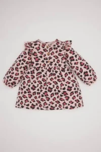 DeFacto Leopard Patterned Crew Neck Buttoned Pink Baby Girl Dress D7423A5/PN243