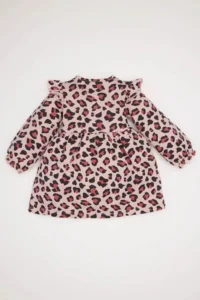 DeFacto Leopard Patterned Crew Neck Buttoned Pink Baby Girl Dress D7423A5/PN243 - Image 3