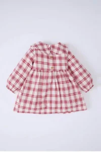 DeFacto Checked Long Sleeve Flannel Burgundy Baby Girl Dress D7426A5/BR285 - Image 4