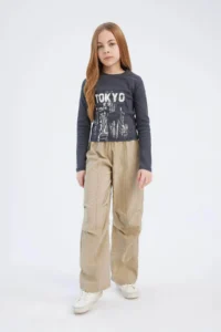 DeFacto Elastic Waist Straight Leg Parachute Trousers Girl - Image 3