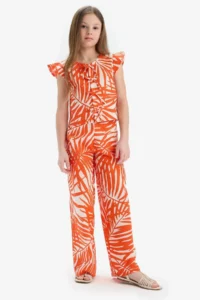 DeFacto Wide Leg Wide Leg Patterned Cotton Trousers with Elastic Waist Girl Child - Image 2