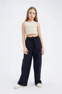 DeFacto Girl's Wide Leg Wide Leg Cotton Trousers with Elastic Waist