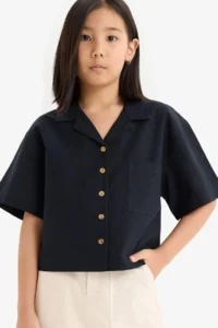 DeFacto Cropped Fit Linen Short Sleeve Shirt Girls