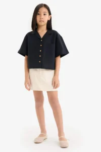 DeFacto Cropped Fit Linen Short Sleeve Shirt Girls - Image 2