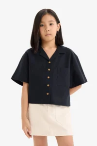 DeFacto Cropped Fit Linen Short Sleeve Shirt Girls - Image 3