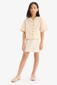 DeFacto Cropped Fit Linen Short Sleeve Shirt Girls - Image 2