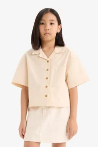 DeFacto Cropped Fit Linen Short Sleeve Shirt Girls - Image 3