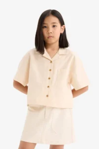 DeFacto Cropped Fit Linen Short Sleeve Shirt Girls - Image 4