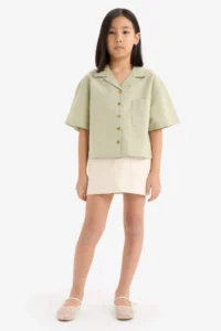 DeFacto Cropped Fit Linen Short Sleeve Shirt Girls - Image 2