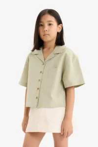 DeFacto Cropped Fit Linen Short Sleeve Shirt Girls - Image 3