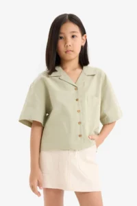 DeFacto Cropped Fit Linen Short Sleeve Shirt Girls - Image 4