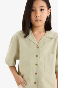 DeFacto Cropped Fit Linen Short Sleeve Shirt Girls - Image 5