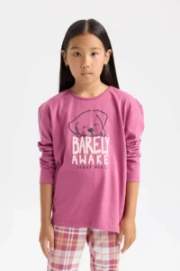 DeFacto Girl's Pajama Set Printed Long Sleeve Top with Elastic Waist Long Bottom - Image 2