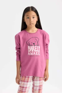 DeFacto Girl's Pajama Set Printed Long Sleeve Top with Elastic Waist Long Bottom - Image 3