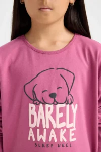 DeFacto Girl's Pajama Set Printed Long Sleeve Top with Elastic Waist Long Bottom - Image 4