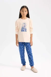 DeFacto Girl's Pajama Set Printed Long Sleeve Top with Elastic Waist Long Bottom