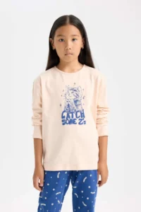 DeFacto Girl's Pajama Set Printed Long Sleeve Top with Elastic Waist Long Bottom - Image 3
