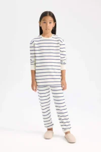 DeFacto Pajama Set Striped Long Sleeve Top with Elastic Waist Long Bottom Girl Child