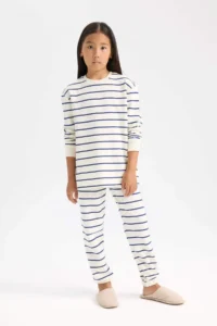 DeFacto Pajama Set Striped Long Sleeve Top with Elastic Waist Long Bottom Girl Child - Image 2